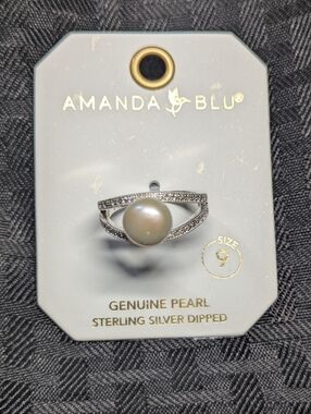 Sterling Silver-Amanda Blu Dipped Pearl And Cubic zirconia Ring.